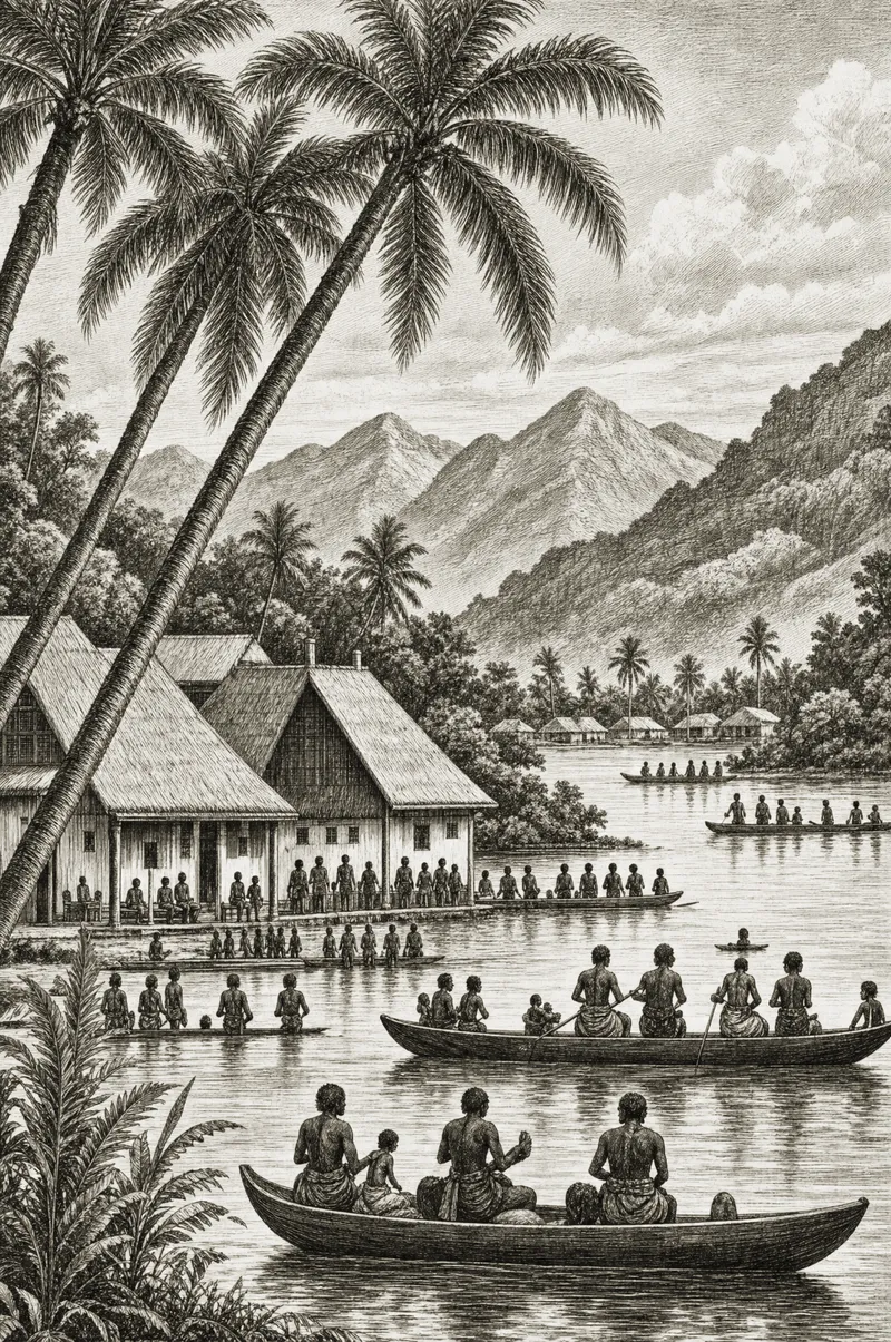 Village au bord de l'estuaire du Gabon, pirogues sur l'eau