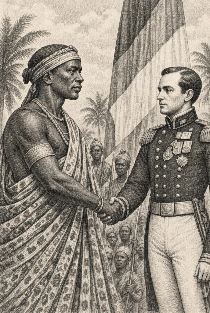 Poignée de main entre le Roi Denis et un officier français devant le drapeau