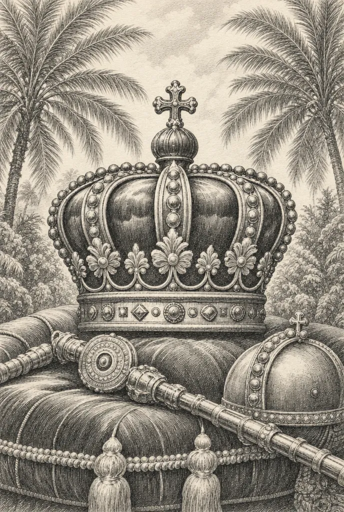 Couronne, sceptre et orbe posés sur un coussin