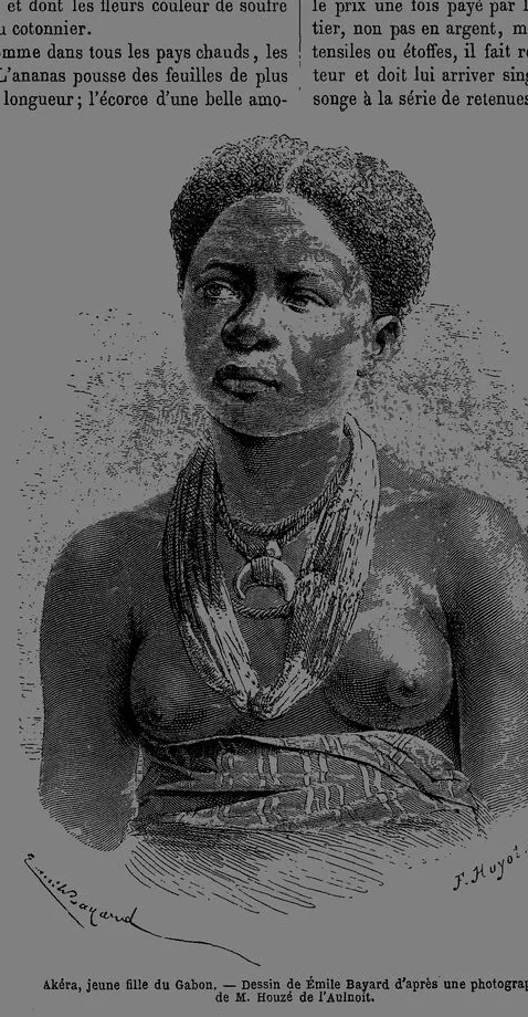 Gravure : portrait en buste d’Akéra, jeune fille mpongwè aux colliers de perles