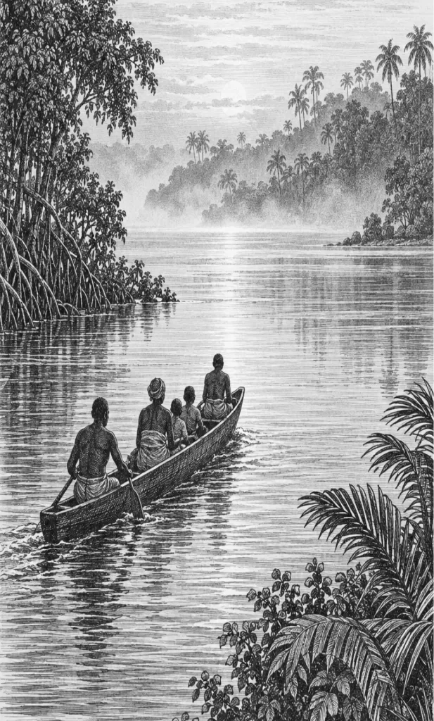Gravure d'une pirogue sur l'estuaire du Gabon