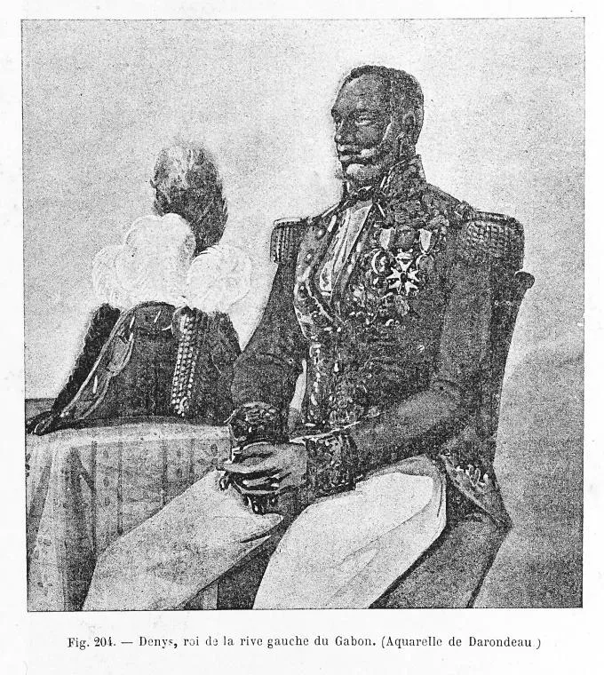 Aquarelle : le roi Denys assis en uniforme brodé, une épouse à ses côtés