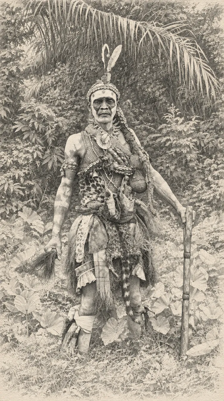 Jacques Makaya Zimamo en tenue traditionnelle d'initié, coiffe de cauris et bâton rituel, dans la végétation du domaine