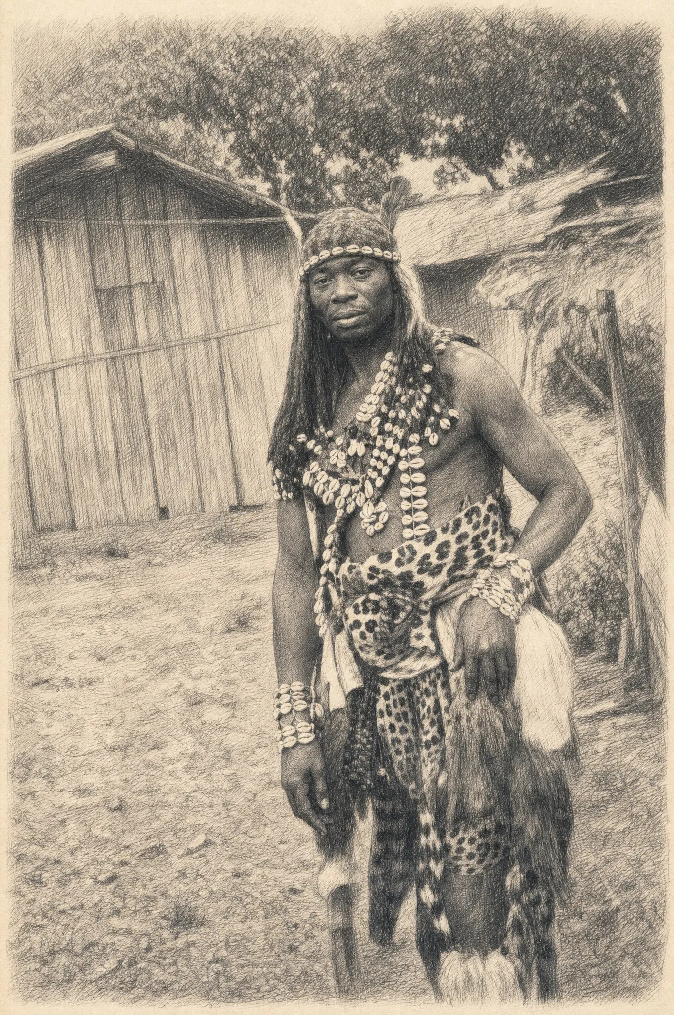 Pierre Mbadingua, dit Dibouba, debout devant les cases du village en tenue rituelle : bandeau de cauris à plume, colliers de cauris et pagne de peau de panthère