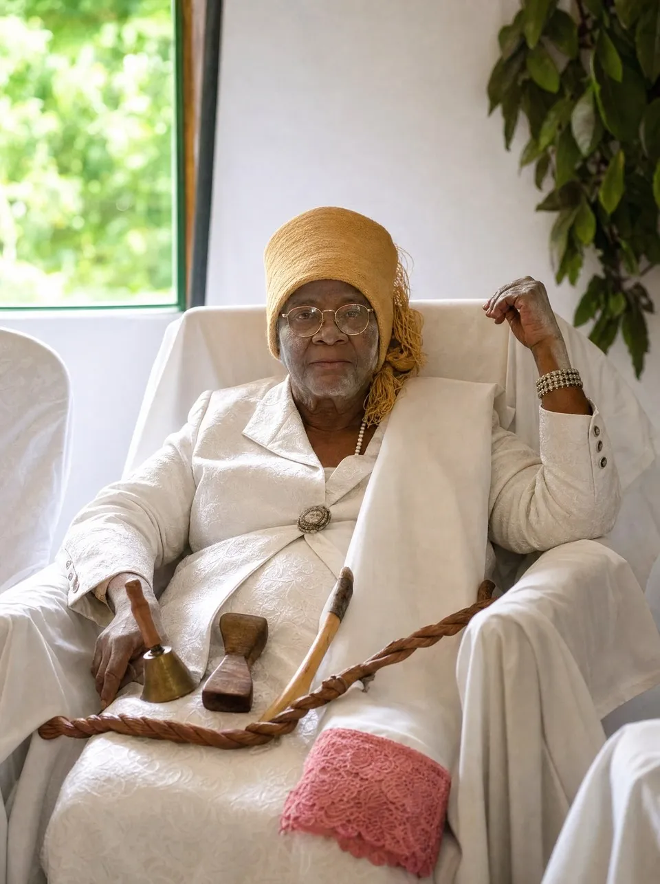 S.A.R. la princesse Marie-Anne Ankombie Rapontchombo, de face en tenue de cérémonie blanche, clochette rituelle en main