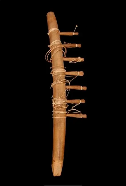 Manche arqué de harpe ngombi, huit chevilles de bois et cordes de fibre