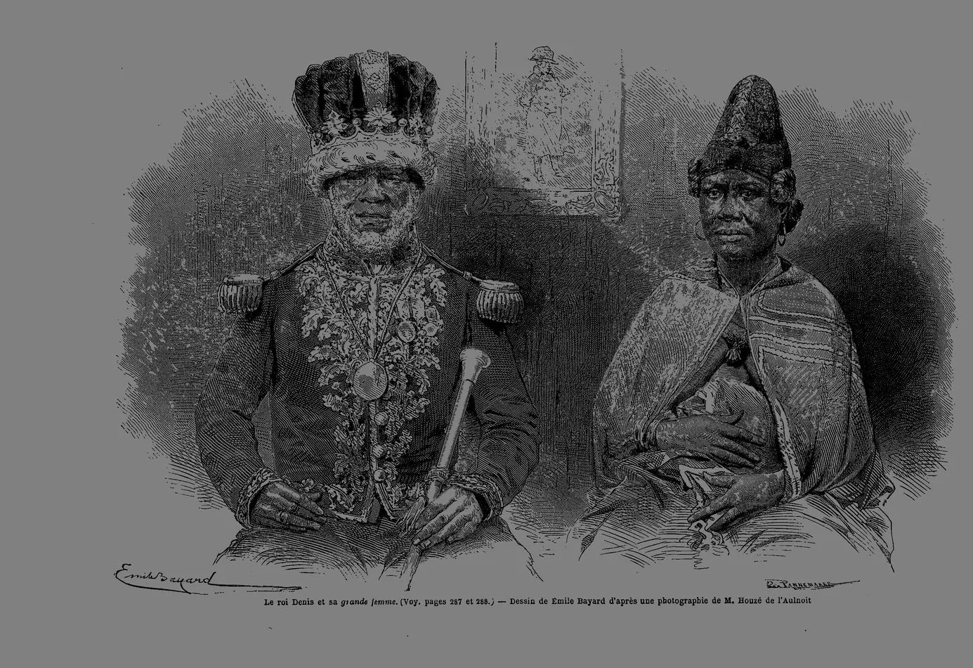 Gravure : le roi Denis en uniforme à épaulettes et, au-dessus, le portrait de sa grande femme